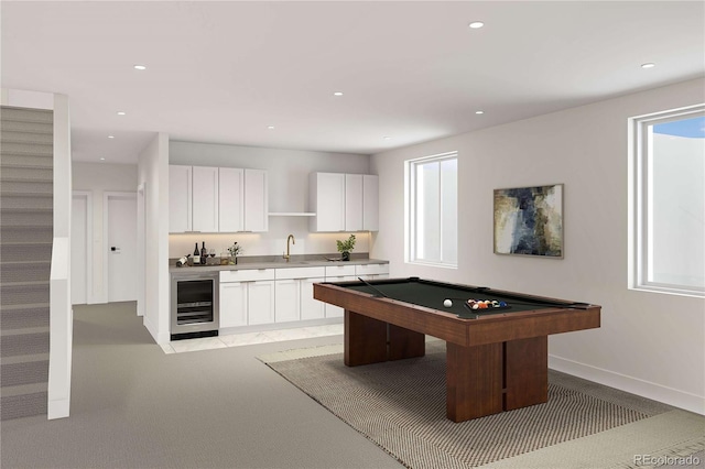 game room featuring pool table, wine cooler, plenty of natural light, and recessed lighting