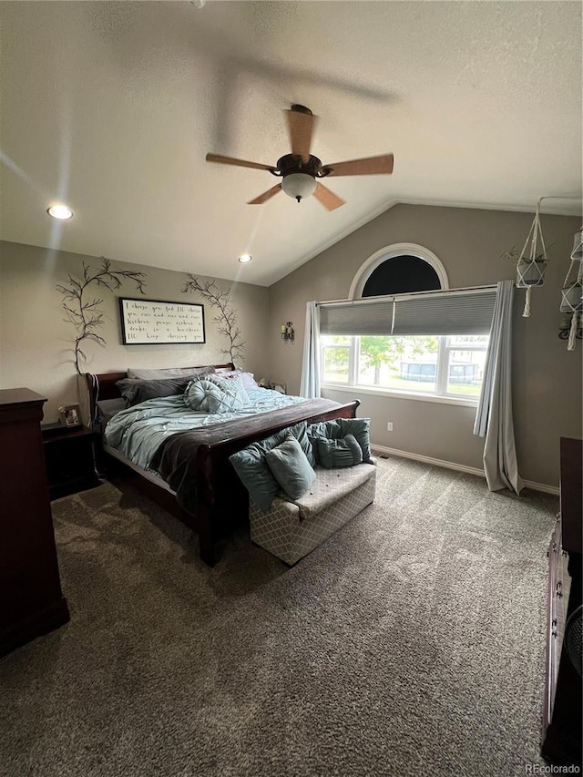 825 Cherokee St, Strasburg, CO 80136 - carpeted bedroom with a textured ceiling, lofted ceiling, a ceiling fan, and recessed lighting
