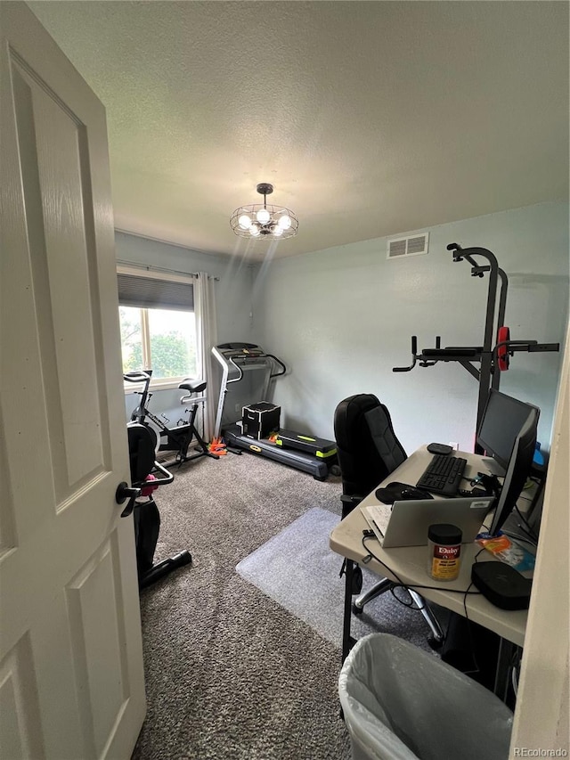 825 Cherokee St, Strasburg, CO 80136 - exercise area featuring carpet, a chandelier, and a textured ceiling