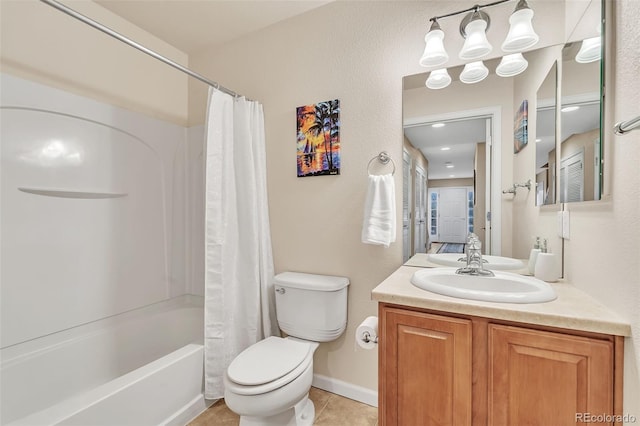 bathroom with toilet, shower / tub combo, vanity, tile patterned flooring, and baseboards