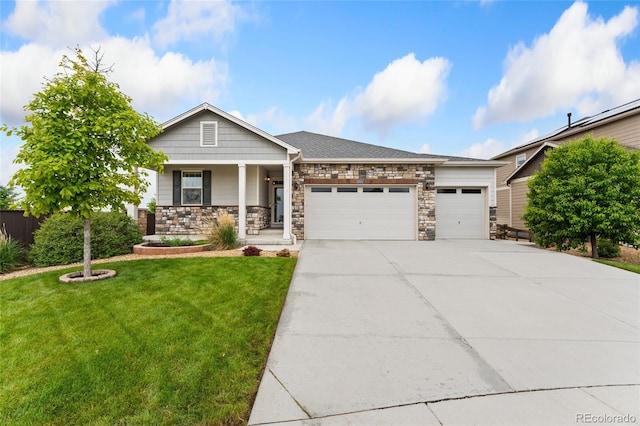 15525 Quince Cir, Thornton, CO 80602 - craftsman-style home with an attached garage, concrete driveway, a porch, a front yard, and stone siding