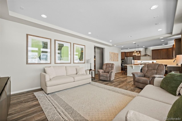 living room featuring a raised ceiling, dark wood-type flooring, and sink