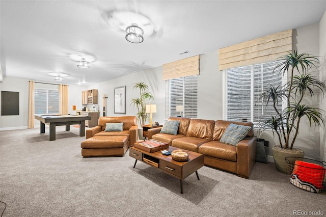 carpeted living room featuring billiards