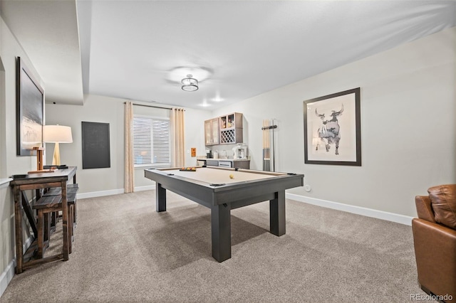 game room featuring light colored carpet and billiards