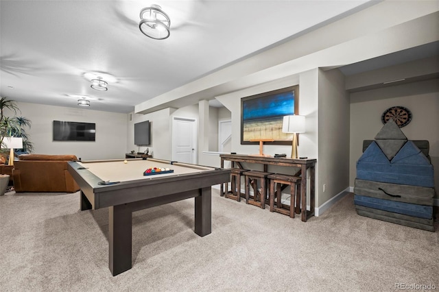 playroom featuring billiards and light carpet