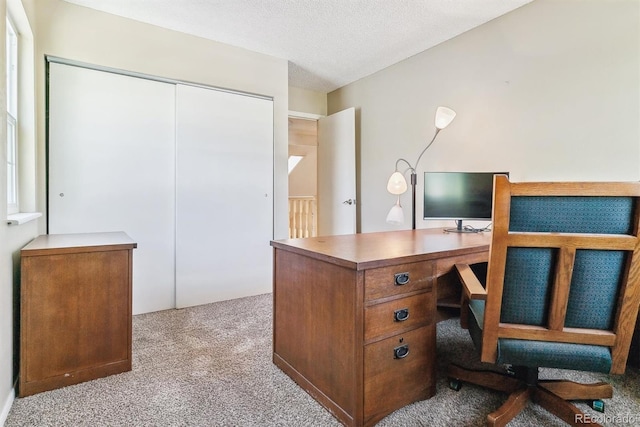 carpeted home office featuring a textured ceiling