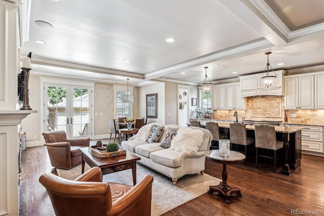 living room with ornamental molding, dark hardwood / wood-style floors, a raised ceiling, and french doors