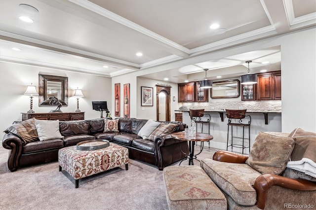 living room featuring ornamental molding, light carpet, and beam ceiling