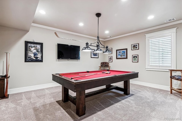 game room with pool table, ornamental molding, and carpet