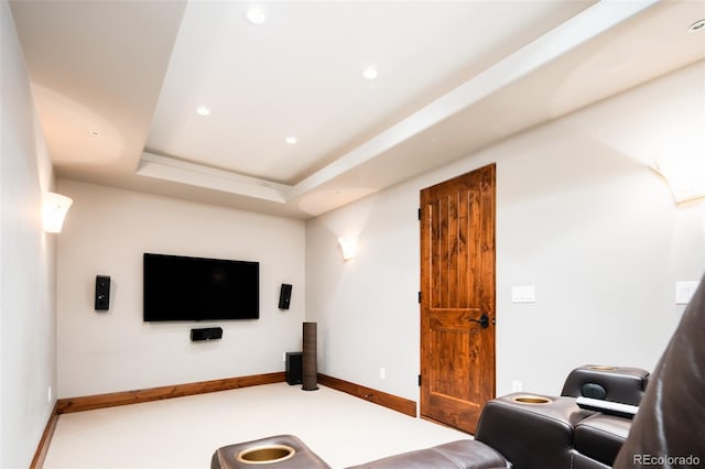 carpeted cinema featuring a tray ceiling