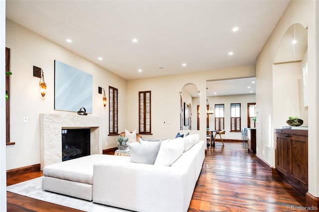 living room featuring a fireplace and dark wood-type flooring