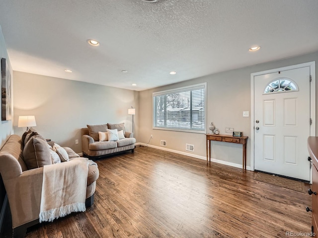 living room with wood-type flooring and a textured ceiling