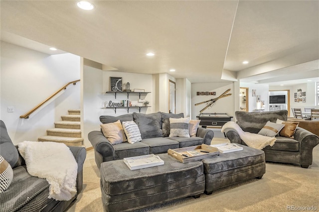 living room featuring light colored carpet