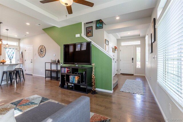 living room featuring ceiling fan, hardwood / wood-style floors, and a tray ceiling