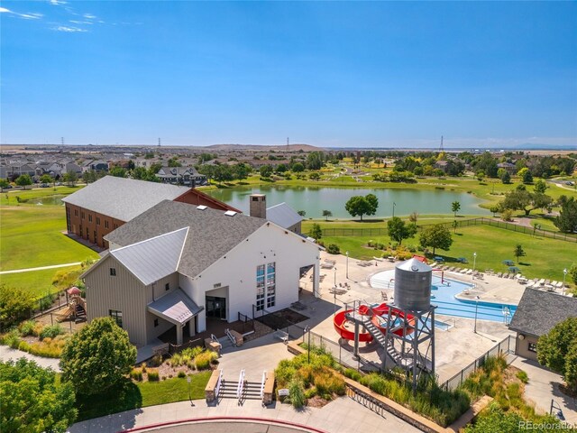 drone / aerial view with a water view