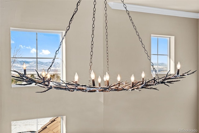 room details featuring a mountain view and crown molding