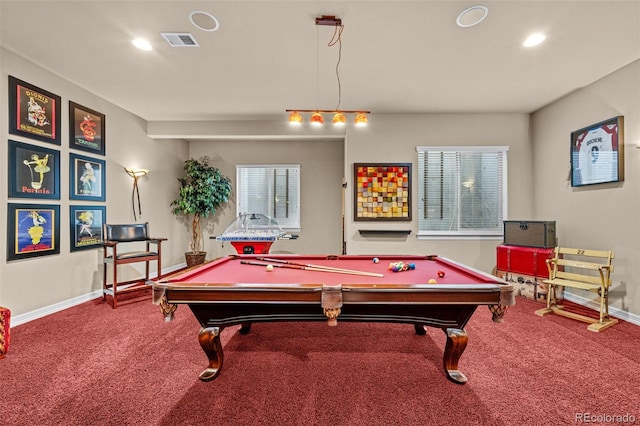 game room with carpet flooring and pool table