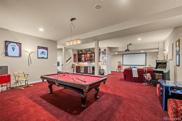 rec room with carpet floors, bar, and pool table