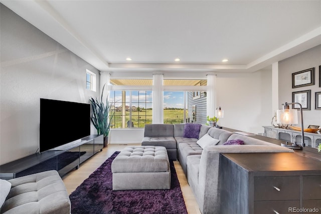 5280 Genoa St, Denver, CO 80249 - living room with recessed lighting, light wood-style floors, and a raised ceiling