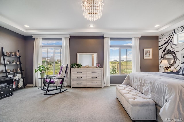 5280 Genoa St, Denver, CO 80249 - carpeted bedroom featuring recessed lighting, a chandelier, and a tray ceiling