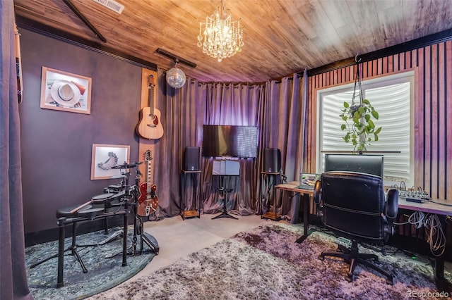 5280 Genoa St, Denver, CO 80249 - office area featuring finished concrete floors, a chandelier, and wood ceiling