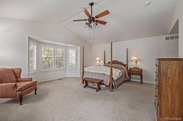 bedroom with light carpet, visible vents, ceiling fan, and lofted ceiling