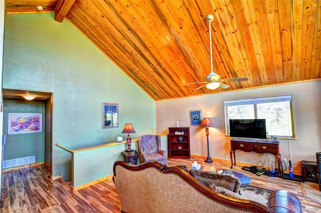 36 Gitche Goone Ln, Como, CO 80432 - living area featuring a wood ceiling with exposed beams, wood finished floors, ceiling fan, and high vaulted ceiling