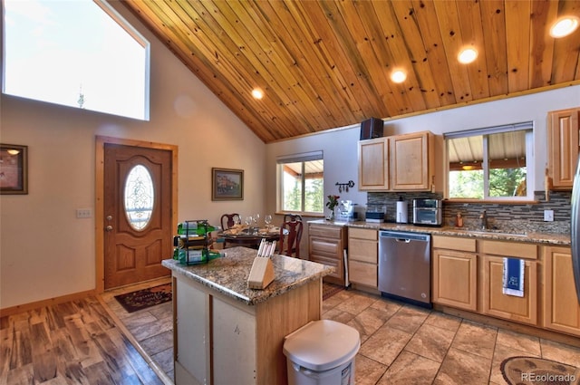 36 Gitche Goone Ln, Como, CO 80432 - kitchen with dishwasher, wooden ceiling, high vaulted ceiling, light brown cabinetry, and tasteful backsplash