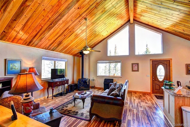 36 Gitche Goone Ln, Como, CO 80432 - living room featuring a wood stove, a wood ceiling with exposed beams, high vaulted ceiling, wood finished floors, and ceiling fan