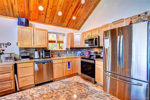 36 Gitche Goone Ln, Como, CO 80432 - kitchen featuring appliances with stainless steel finishes, light brown cabinets, recessed lighting, backsplash, and wood ceiling