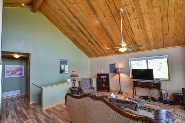 36 Gitche Goone Ln, Como, CO 80432 - living room featuring a wood ceiling with exposed beams, wood finished floors, ceiling fan, and high vaulted ceiling