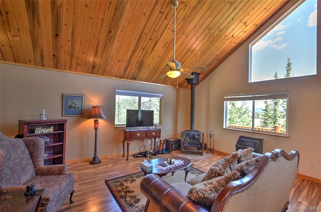 36 Gitche Goone Ln, Como, CO 80432 - living room with wood ceiling, a wood stove, wood finished floors, high vaulted ceiling, and ceiling fan