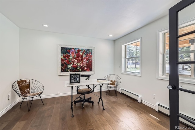 office space with recessed lighting, baseboards, baseboard heating, and dark wood-style floors