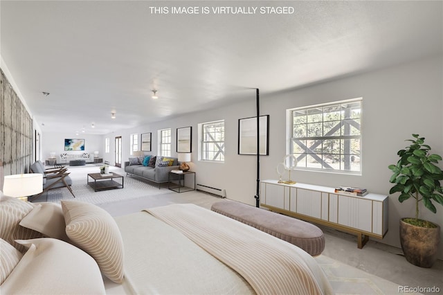 bedroom featuring concrete flooring, radiator heating unit, light carpet, and baseboard heating