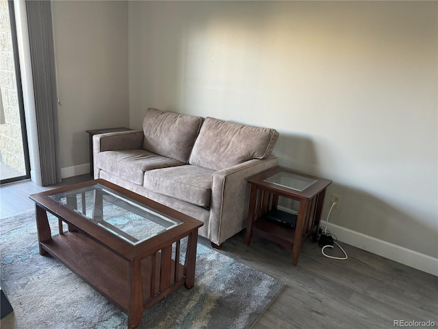 living room featuring wood finished floors and baseboards