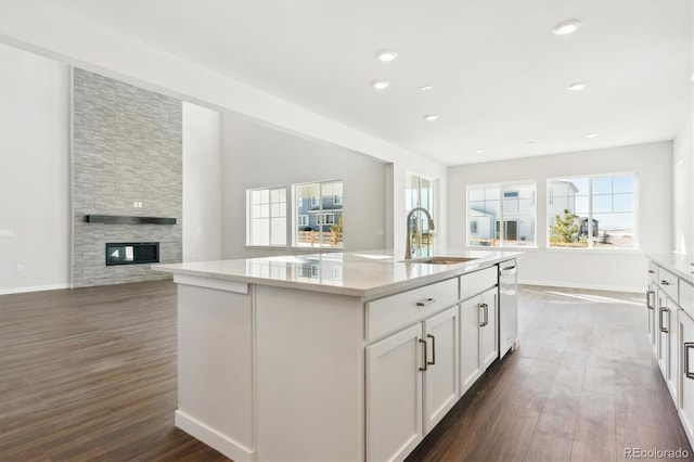 13765 Emerald Lake St, Parker, CO 80138 - kitchen featuring dishwasher, dark wood finished floors, a fireplace, an island with sink, and white cabinetry