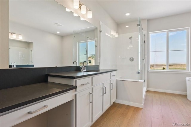 13765 Emerald Lake St, Parker, CO 80138 - bathroom with vanity, a shower with shower door, wood finished floors, plenty of natural light, and recessed lighting