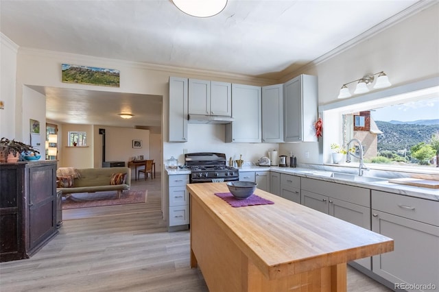 689 County Road 4, Howard, CO 81233 - kitchen with gas range oven, butcher block counters, under cabinet range hood, gray cabinetry, and ornamental molding