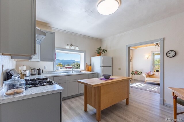 689 County Road 4, Howard, CO 81233 - kitchen featuring freestanding refrigerator, light wood-style floors, plenty of natural light, gray cabinetry, and crown molding