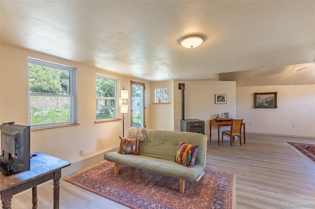 689 County Road 4, Howard, CO 81233 - living room with a wood stove and light wood-style flooring