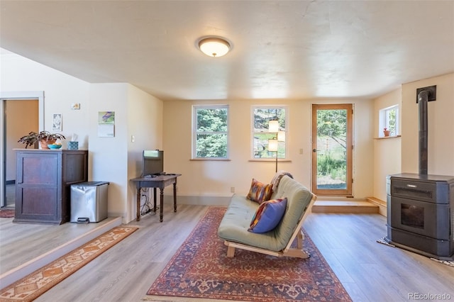 689 County Road 4, Howard, CO 81233 - living area featuring a wood stove and light wood finished floors