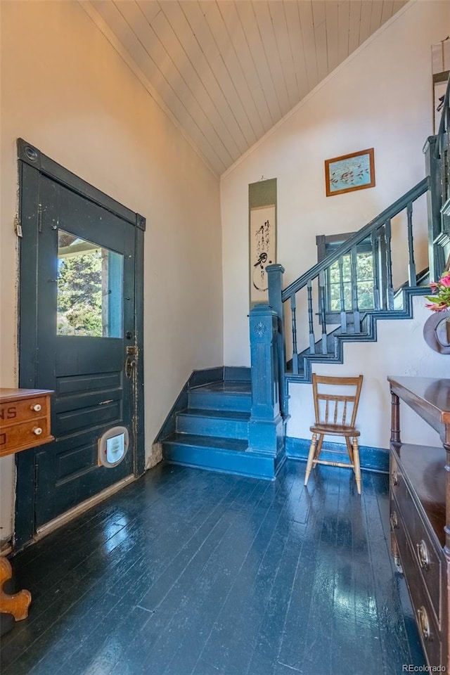 689 County Road 4, Howard, CO 81233 - foyer with stairway, hardwood / wood-style floors, wooden ceiling, high vaulted ceiling, and crown molding