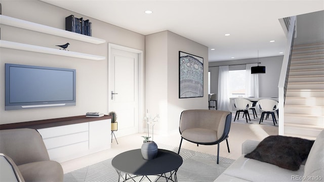 carpeted living area featuring stairway and recessed lighting