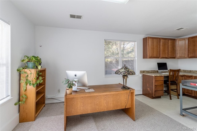 office area featuring light colored carpet