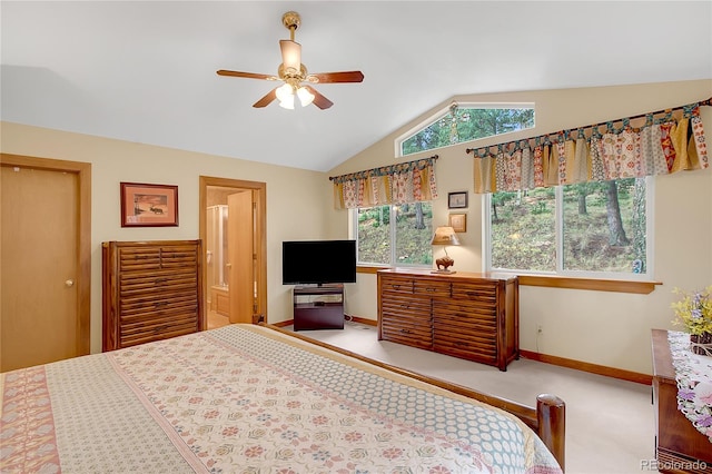 carpeted bedroom with lofted ceiling and ceiling fan