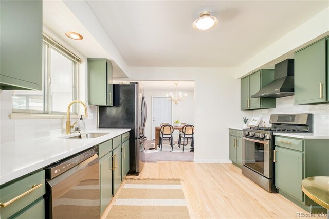 85 S Flower St, Lakewood, CO 80226 - kitchen featuring green cabinetry, appliances with stainless steel finishes, wall chimney exhaust hood, a sink, and a chandelier