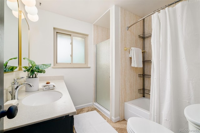 85 S Flower St, Lakewood, CO 80226 - bathroom featuring toilet, vanity, shower / tub combo with curtain, tile patterned floors, and baseboards