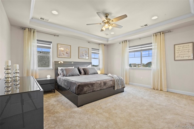 7166 S Vandriver Way, Aurora, CO 80016 - bedroom featuring a tray ceiling, ornamental molding, carpet flooring, recessed lighting, and ceiling fan