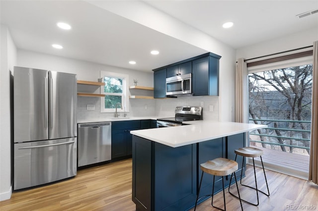 1805 Cheyenne Blvd, Colorado Springs, CO 80906 - kitchen featuring visible vents, appliances with stainless steel finishes, open shelves, a sink, and a peninsula