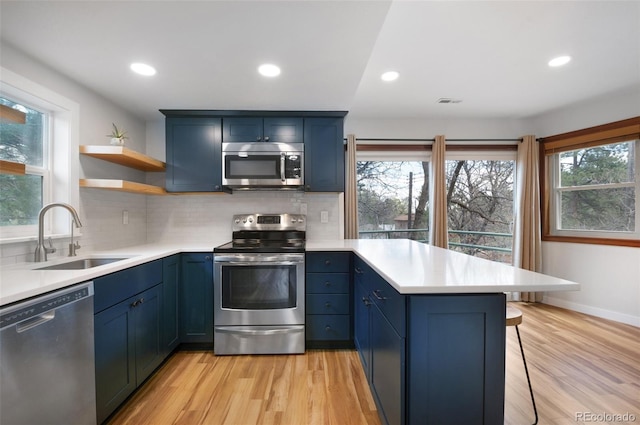 1805 Cheyenne Blvd, Colorado Springs, CO 80906 - kitchen featuring stainless steel appliances, blue cabinetry, a sink, and a peninsula